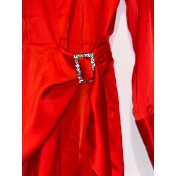 HOUSE OF HARLOW Front Rhinestone Buckle Satin Wrap 35" Mini Dress in Red XS - Picture 4 of 11